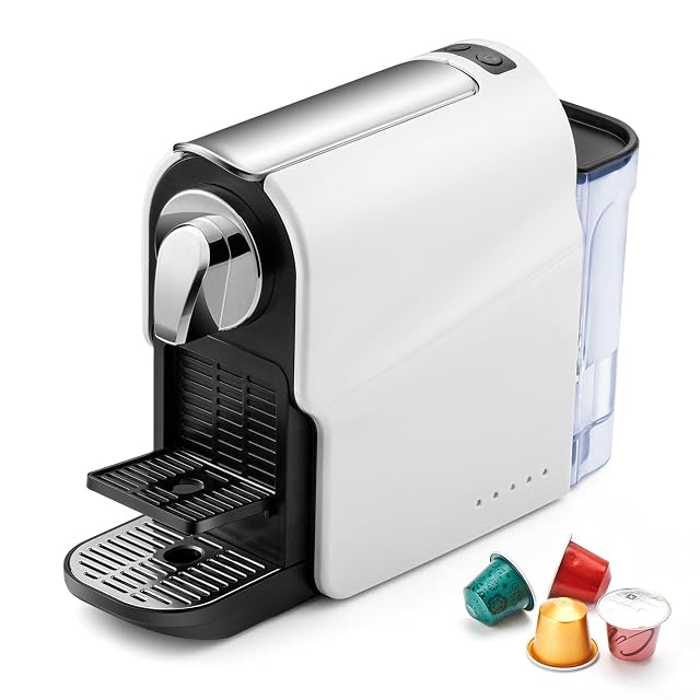 beanglass compact capsule espresso machine with removable water tank and adjustable cup tray