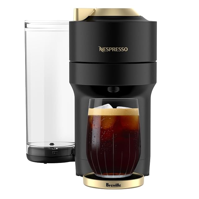 Nespresso Vertuo Pop+ capsule coffee machine by Breville in black and gold with side tank