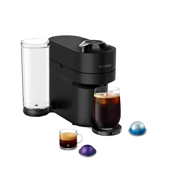 Nespresso Vertuo Pop+ Deluxe capsule coffee machine in black with milk frother