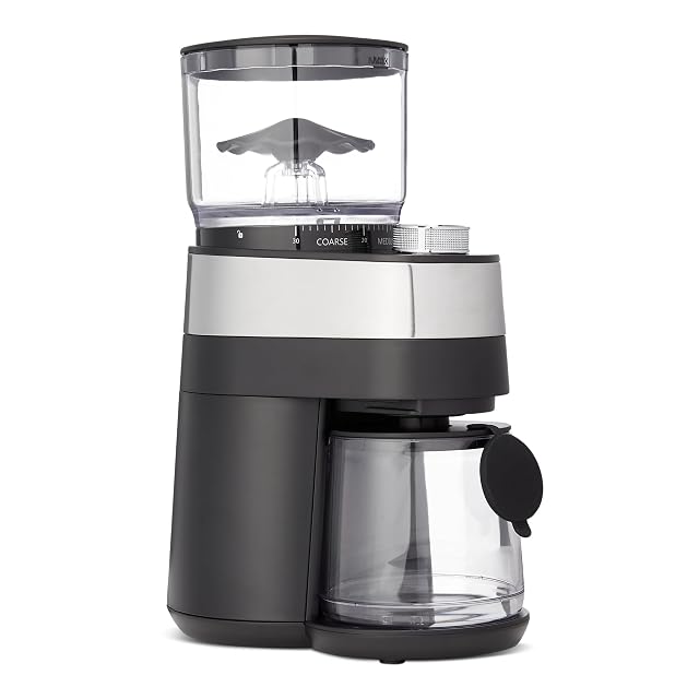 Amazon Basics burr coffee grinder in black with transparent hopper and grounds chamber