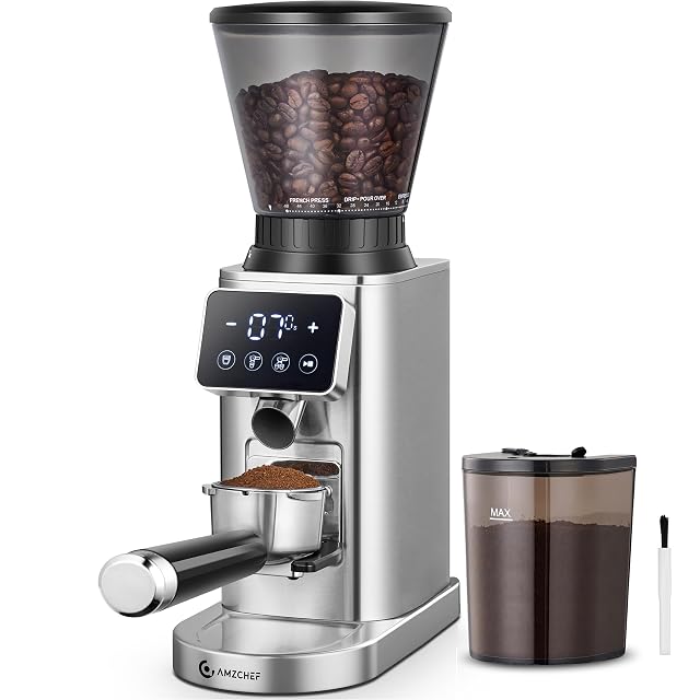 AMZCHEF burr coffee grinder in metallic silver with LED touchscreen control panel