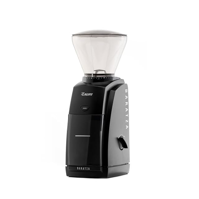Baratza Encore conical burr coffee grinder in black with front-mounted pulse button