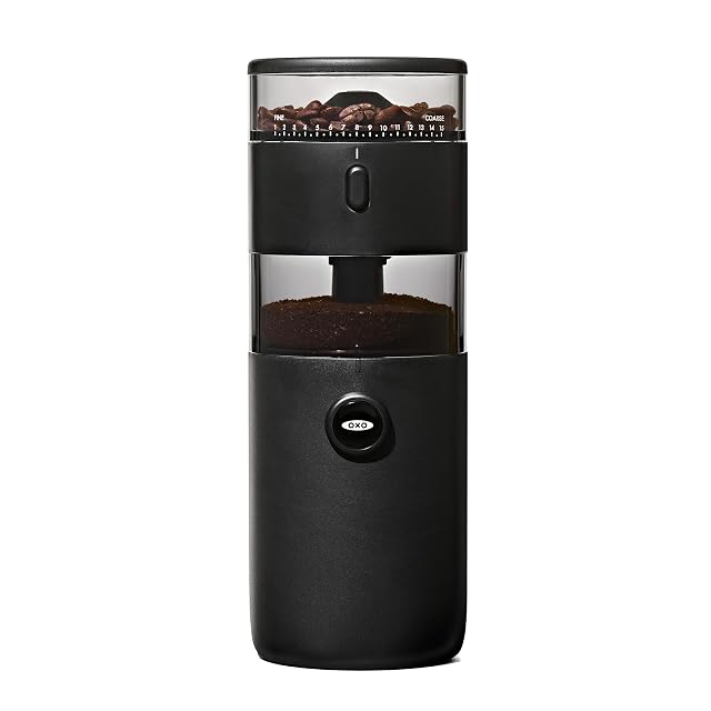 OXO Brew compact conical burr coffee grinder, narrow upright body with grounds container