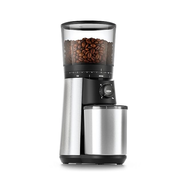 OXO Brew conical burr electric coffee grinder in silver with tinted bean hopper
