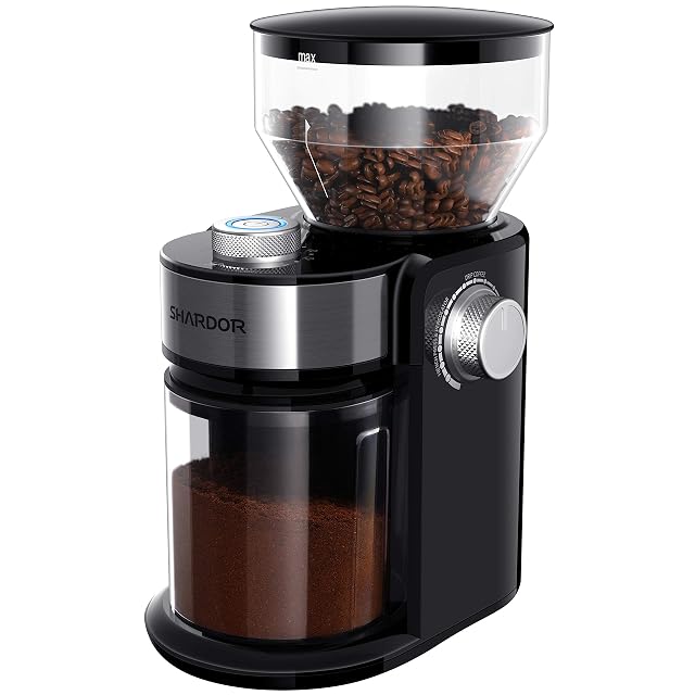 SHARDOR electric burr coffee grinder in glossy black with timer dial and grounds chamber